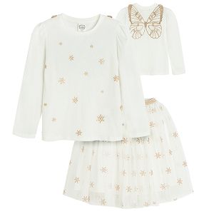 White long sleeve blouse with gold stars with fairy's wings on the back and skirt with stars set