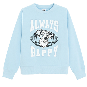 Light violet sweatshirt with dog and ALWAYS Happy print