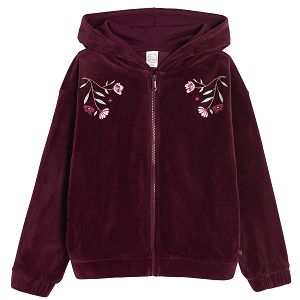 Burgundy zip through hooded sweatshirt with flowers print on top