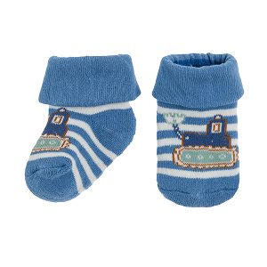 Blue stripes socks with truck print