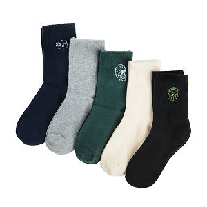 Grey, blue, ecru, green, black socks with joystick print- 5 pack