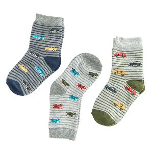 Grey socks with cars print- 3 pack