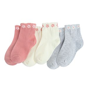 White, grey and pink socks with daisies on the elastic band- 3 pack