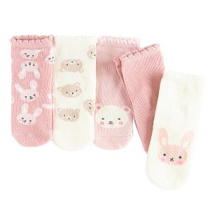 Pink and ecru socks with bears print- 5 pack