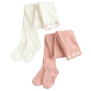 White and pink ribbed tights with hearts on the waist - 2 pack