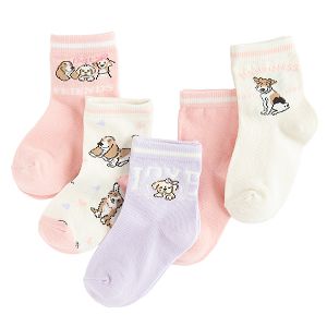 White, pink, purple socks with puppies print- 5 pack