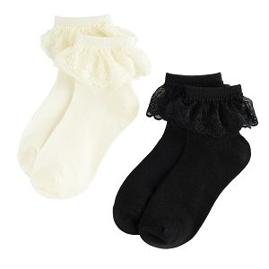 White and black ankle socks with lace - 2 pack