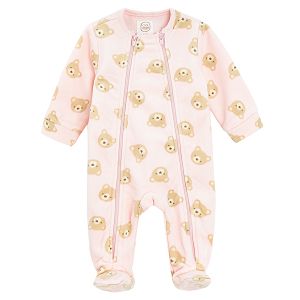 Pink footed overall with two side zippers and bears print