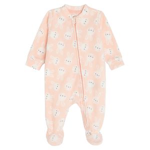 Pink footed overall with bunnies print and side zipper