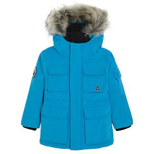 Blue jacket with furlike on the hood