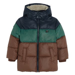 Brown, green, blue hooded jacket