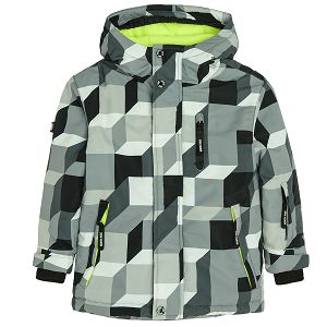 Grey with building blocks print ski jacket with fluo lining on the hood