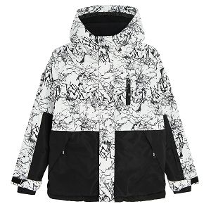 Black and white zip through hooded ski jacket