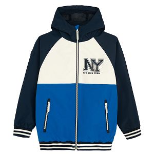 Blue, white and black hooded zip through jacket