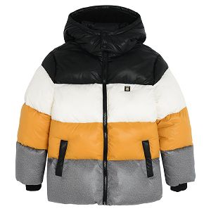 Grey, yellow, white, black hooded zip through jacket