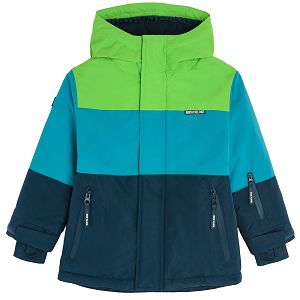 Dark blue, blue, fluo green zip through hooded ski jacket