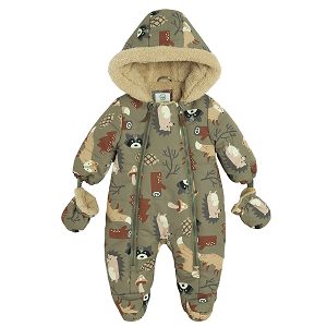 Green hooded snowsuit with forest animals print and two side zippers