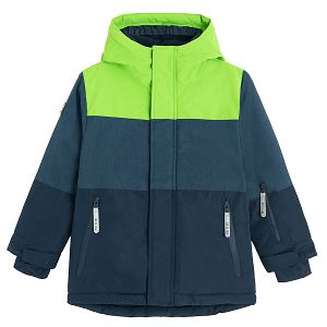 Blue and green fluo hooded ski jacket