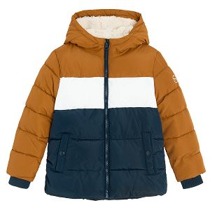 Blue, white,brown hooded winter jacket