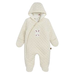 Beige hooded pramsuit with side zipper and bunny print
