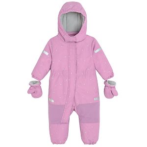 Pink hooded snowsuit with mittens