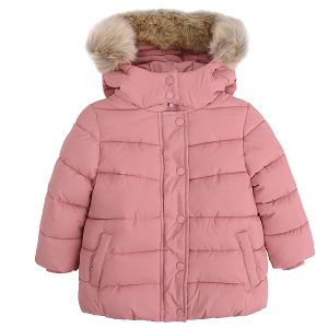 Pink jacket with fleece lining and detachable hood with fur