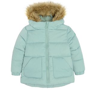 Green zip through jacket with furlike on the hood