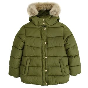 Khaki zip though jacket with fleece lining, detachable hood with fur