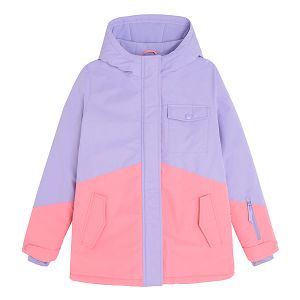 Pink and purple zip through hooded ski jacket