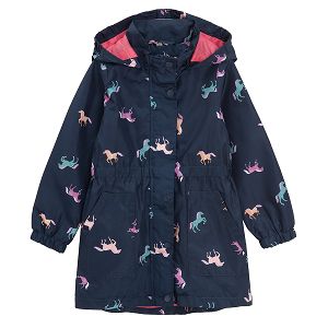 Blue zip through hooded jacket with horses print