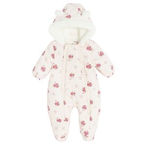 Pink floral hooded snowsuit with 2 side zippers