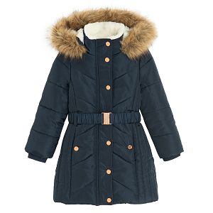 Blue winter coat with fur on the hood and belt