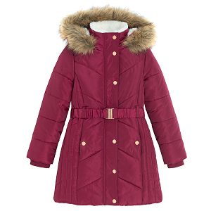 Burgundy winter coat with fur on the hood and belt