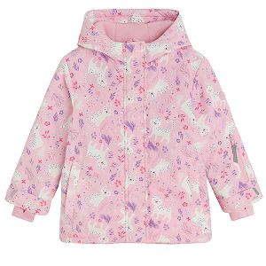 Pink hooded ski jacket with cats print