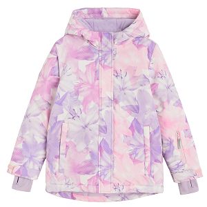 Pink with big flowers print hooded ski jacket