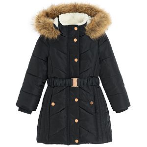 Black winter coat with fur on the hood and belt