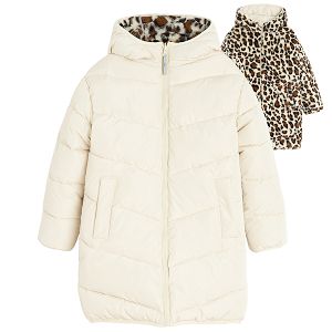 Black winter coat with animal print lining on the hood