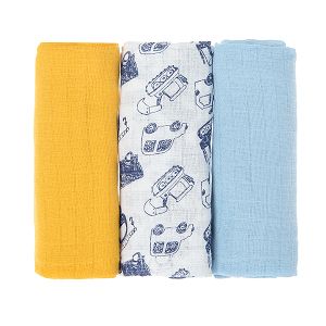 Blue yellow and white with trucks muslin nappies- 3 pack