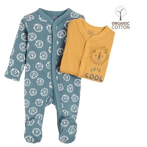 Yellow and grey with lion print organic cotton long sleeve footed bodysuit 2 pack