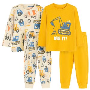 Beige and yellow long sleeve blouse and toursers pyjamas with construction print- 2 pack