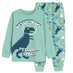 Light blue long sleeve and pants pyjamas with dinosaur print