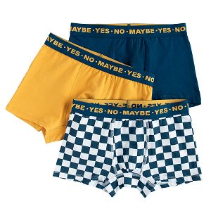 Blue, checked and yellow boxer shorts- 3 pack