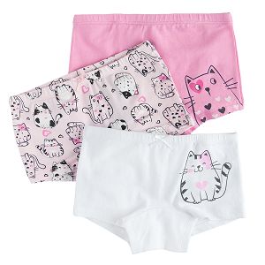 White and pink boxers with kitten print- 3 pack