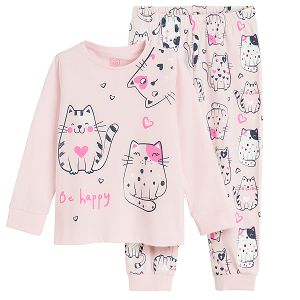 Pink long sleeve and pants pyjamas with kittens print - 2 pieces