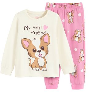 Ecru blouse and pink pants pyjamas with bear print- 2 pieces