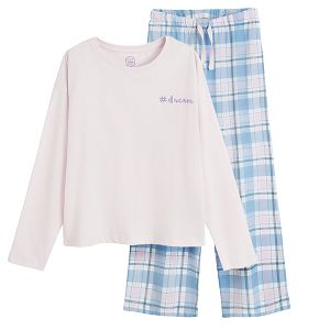 Purple long sleeve blouse with checked pants pyjamas- 2 pieces