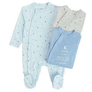 Light blue, blue and grey long sleeve footed overalls with side clips and ILOVE YOU TO THE MOON AND BACK print