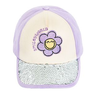 כובע מצחייה לבן וסגול עם פאייטים והדפס פרח