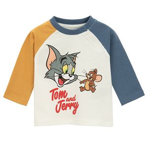 Tom and Jerry long sleeve white blouse with blue and dark yellow sleeves