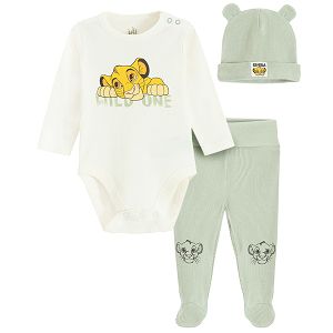 Lion King long sleeve white bodysuit, khaki footed leggings and beanie- 3 pieces